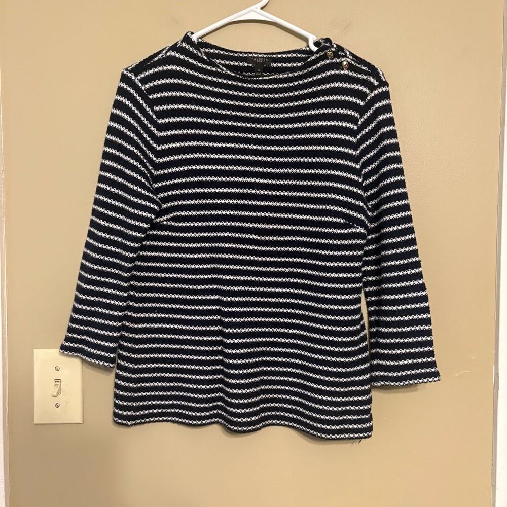 Talbots Navy Blue White Textured Stripe Funnel Neck Tee 3/4 Sleeve Petite Medium